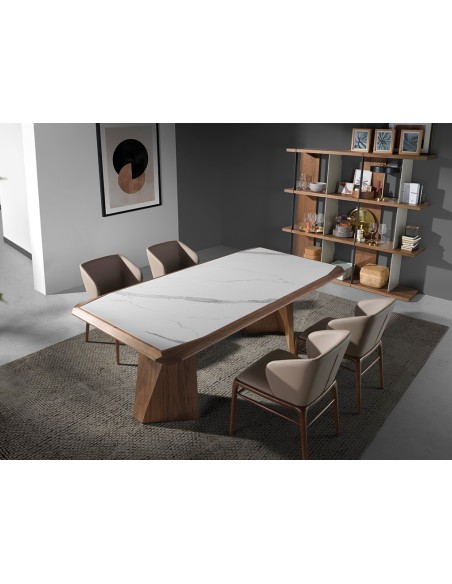 Mesa comedor rectangular mármol porcelánico y nogal