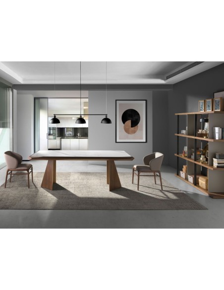 Mesa comedor rectangular mármol porcelánico y nogal