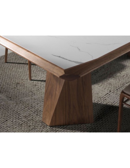 Mesa comedor rectangular mármol porcelánico y nogal