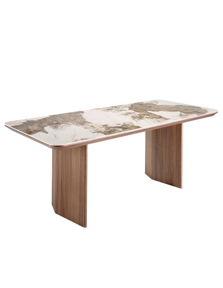 Mesa comedor rectangular mármol porcelánico y nogal