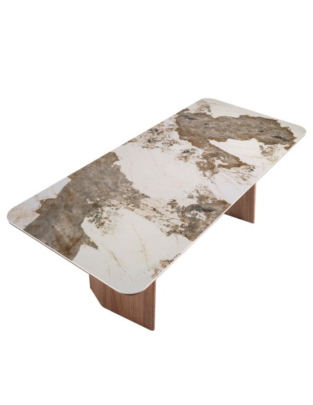 Mesa comedor rectangular mármol porcelánico y nogal