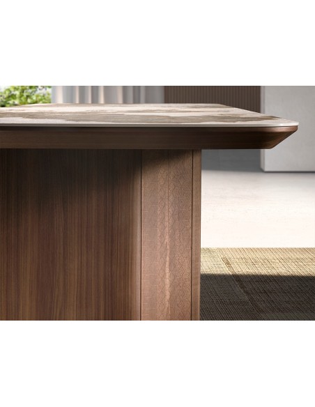 Mesa comedor rectangular mármol porcelánico y nogal