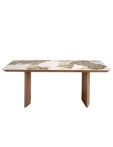 Mesa comedor rectangular mármol porcelánico y nogal