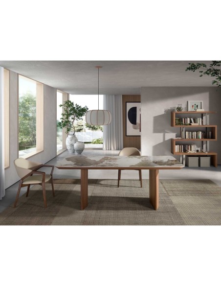 Mesa comedor rectangular mármol porcelánico y nogal