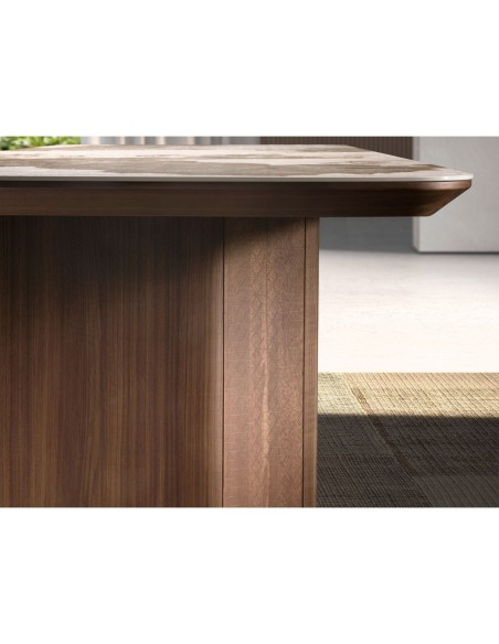 Mesa comedor rectangular mármol porcelánico y nogal