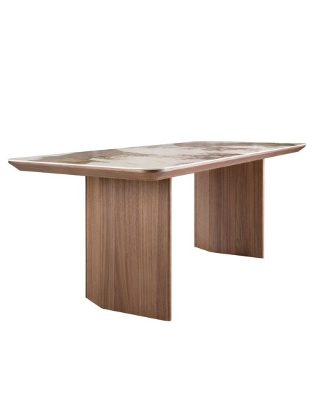 Mesa comedor rectangular mármol porcelánico y nogal