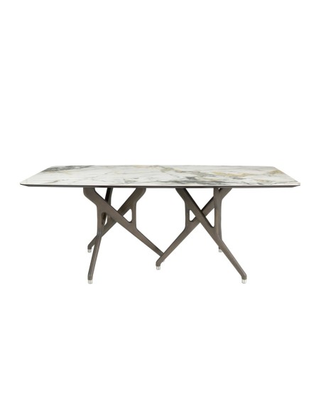 Mesa comedor rectangular mármol porcelánico y nogal oscuro