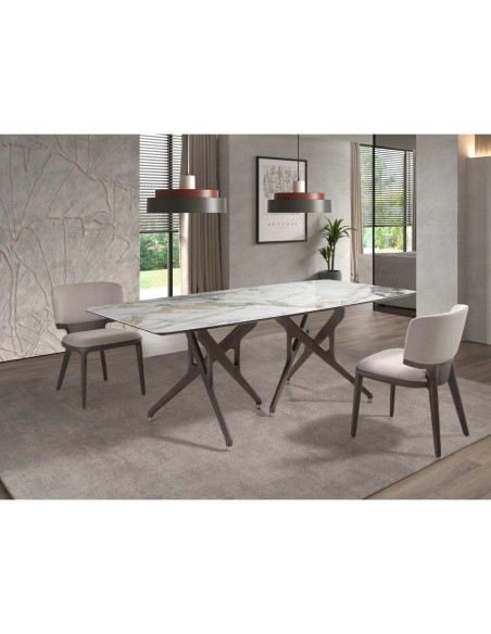 Mesa comedor rectangular mármol porcelánico y nogal oscuro