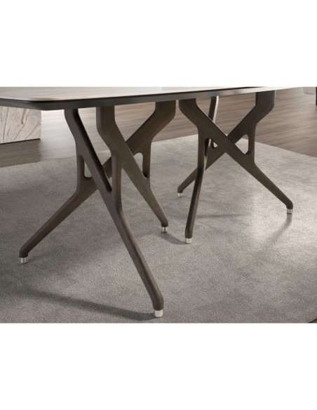 Mesa comedor rectangular mármol porcelánico y nogal oscuro