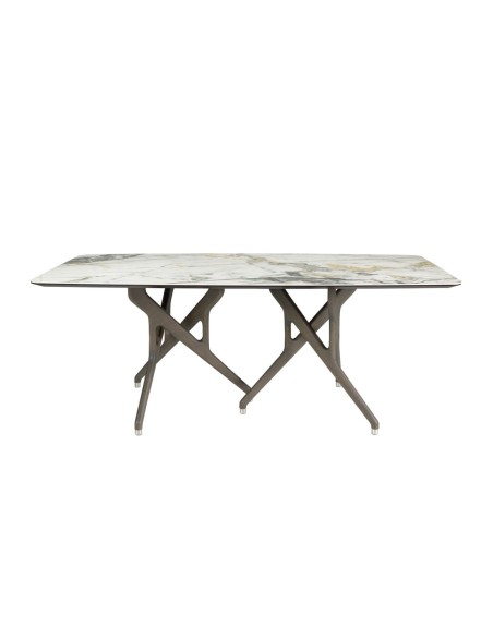 Mesa comedor rectangular mármol porcelánico y nogal oscuro