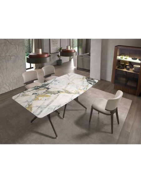 Mesa comedor rectangular mármol porcelánico y nogal oscuro