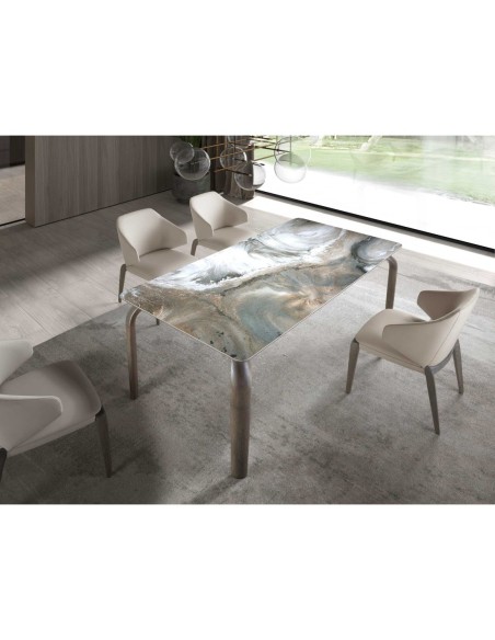 Mesa comedor rectangular mármol porcelánico y roble ceniza