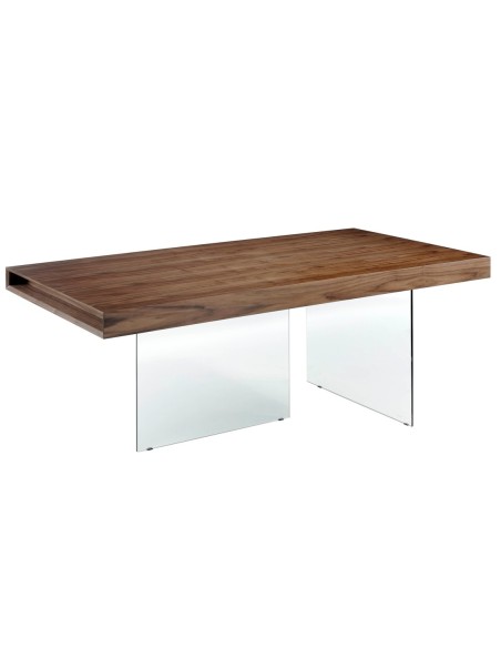 Mesa comedor rectangular nogal y cristal templado