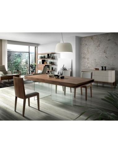 Mesa comedor rectangular nogal y cristal templado