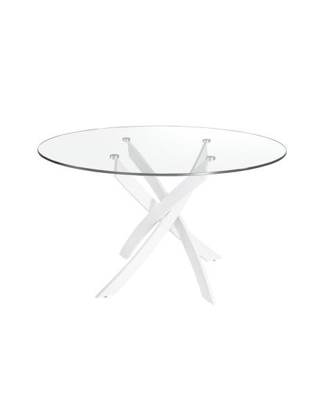 Mesa comedor redonda cristal templado y acero blanco