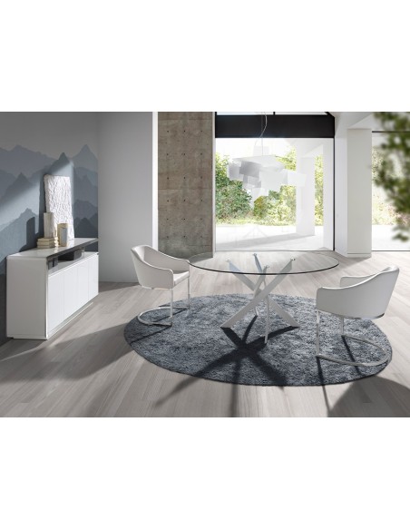 Mesa comedor redonda cristal templado y acero blanco