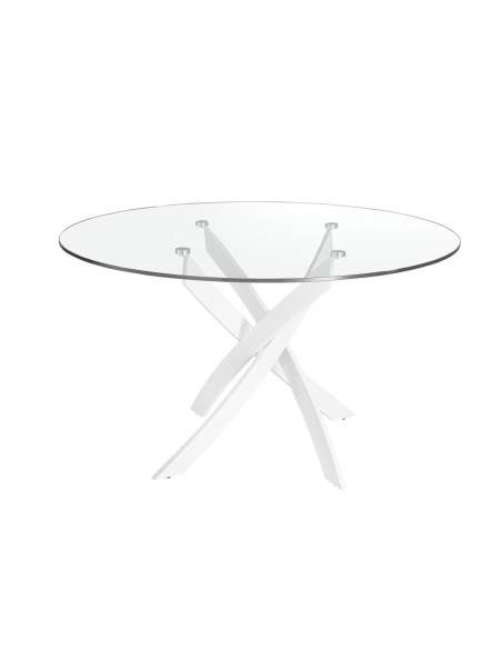 Mesa comedor redonda cristal templado y acero blanco