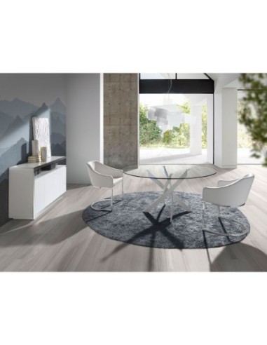 Mesa comedor redonda cristal templado y acero...