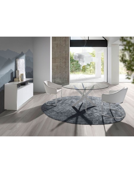 Mesa comedor redonda cristal templado y acero blanco