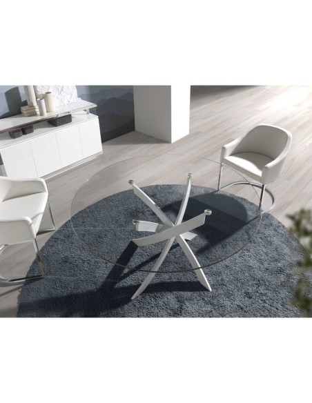Mesa comedor redonda cristal templado y acero blanco