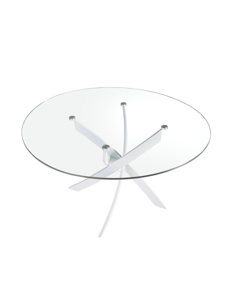 Mesa comedor redonda cristal templado y acero blanco