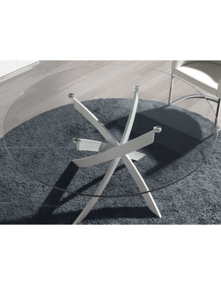 Mesa comedor redonda cristal templado y acero blanco