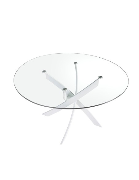 Mesa comedor redonda cristal templado y acero blanco