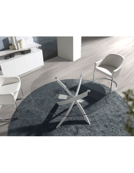 Mesa comedor redonda cristal templado y acero blanco