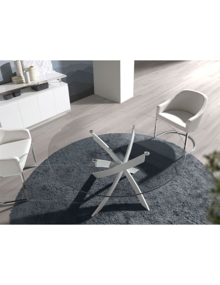 Mesa comedor redonda cristal templado y acero blanco