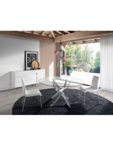 Mesa comedor redonda cristal templado y acero...