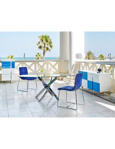 Mesa comedor redonda cristal templado y acero...