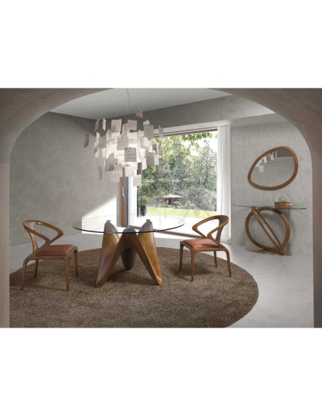 Mesa comedor redonda cristal templado y nogal