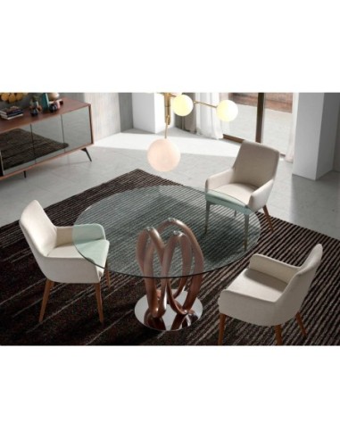 Mesa comedor redonda cristal templado y nogal