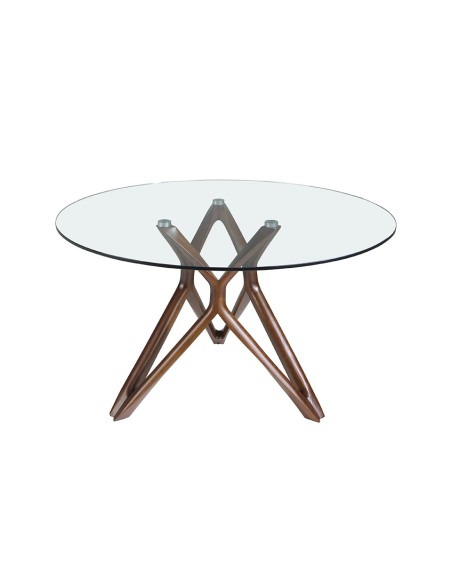 Mesa comedor redonda cristal templado y nogal