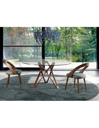 Mesa comedor redonda cristal templado y nogal