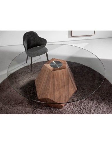 Mesa comedor redonda cristal templado y nogal
