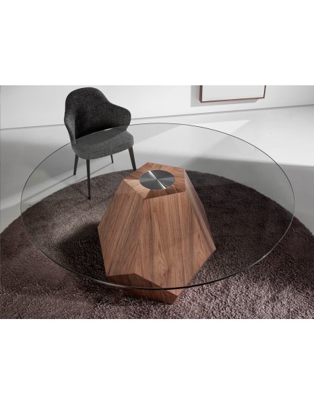 Mesa comedor redonda cristal templado y nogal