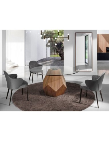 Mesa comedor redonda cristal templado y nogal