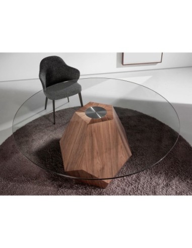 Mesa comedor redonda cristal templado y nogal