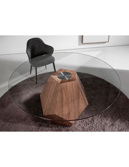 Mesa comedor redonda cristal templado y nogal