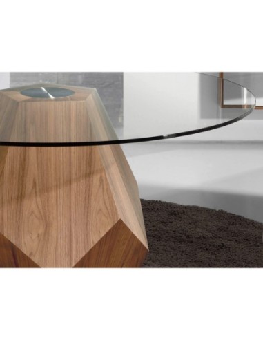 Mesa comedor redonda cristal templado y nogal