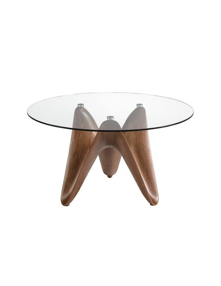 Mesa comedor redonda cristal templado y nogal