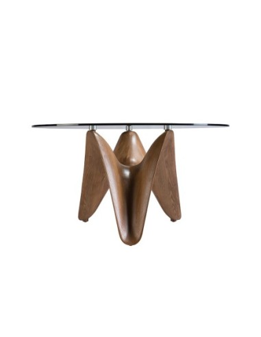 Mesa comedor redonda cristal templado y nogal