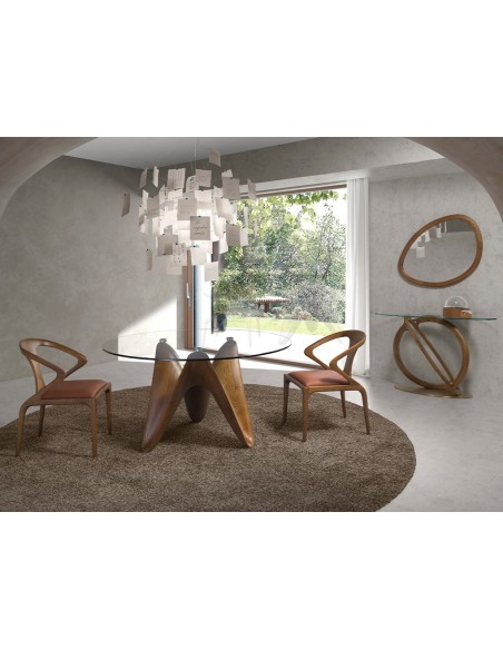 Mesa comedor redonda cristal templado y nogal