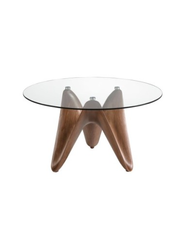 Mesa comedor redonda cristal templado y nogal