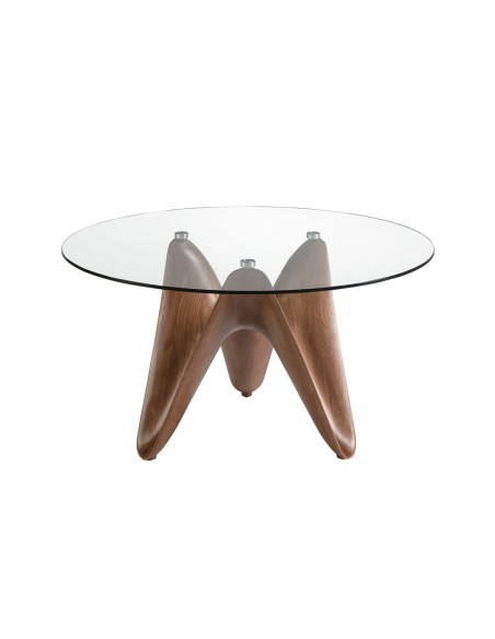Mesa comedor redonda cristal templado y nogal