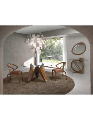 Mesa comedor redonda cristal templado y nogal