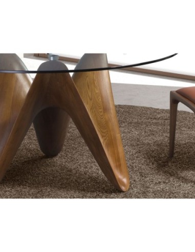 Mesa comedor redonda cristal templado y nogal