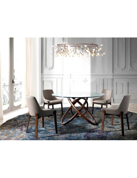 Mesa comedor redonda cristal templado y nogal