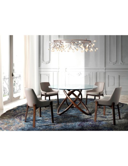 Mesa comedor redonda cristal templado y nogal